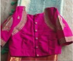 Hand Embroidered Zardosi Silk Blouse: Pink Maggam Work,hand work blouse, 42 size blouse, pink mix and match blouse, pink saree blouse USA