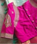 Hand Embroidered Zardosi Silk Blouse: Pink Maggam Work,hand work blouse, 42 size blouse, pink mix and match blouse, pink saree blouse USA