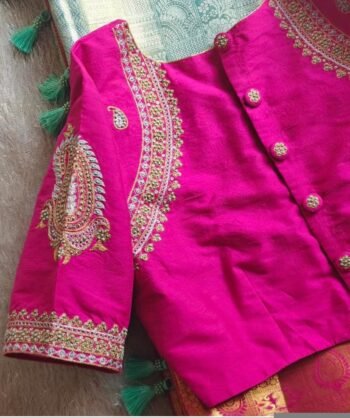 Hand Embroidered Zardosi Silk Blouse:  Pink Maggam Work,hand work blouse, 42 size blouse, pink mix and match blouse, pink saree blouse
