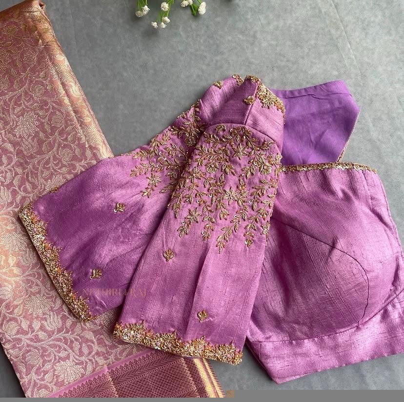 Lavender Hand Embroidered Silk Blouse: Zardosi Maggam Work,lavender blouse,mix and match blouse,plus size blouse,lavender hand work blouse