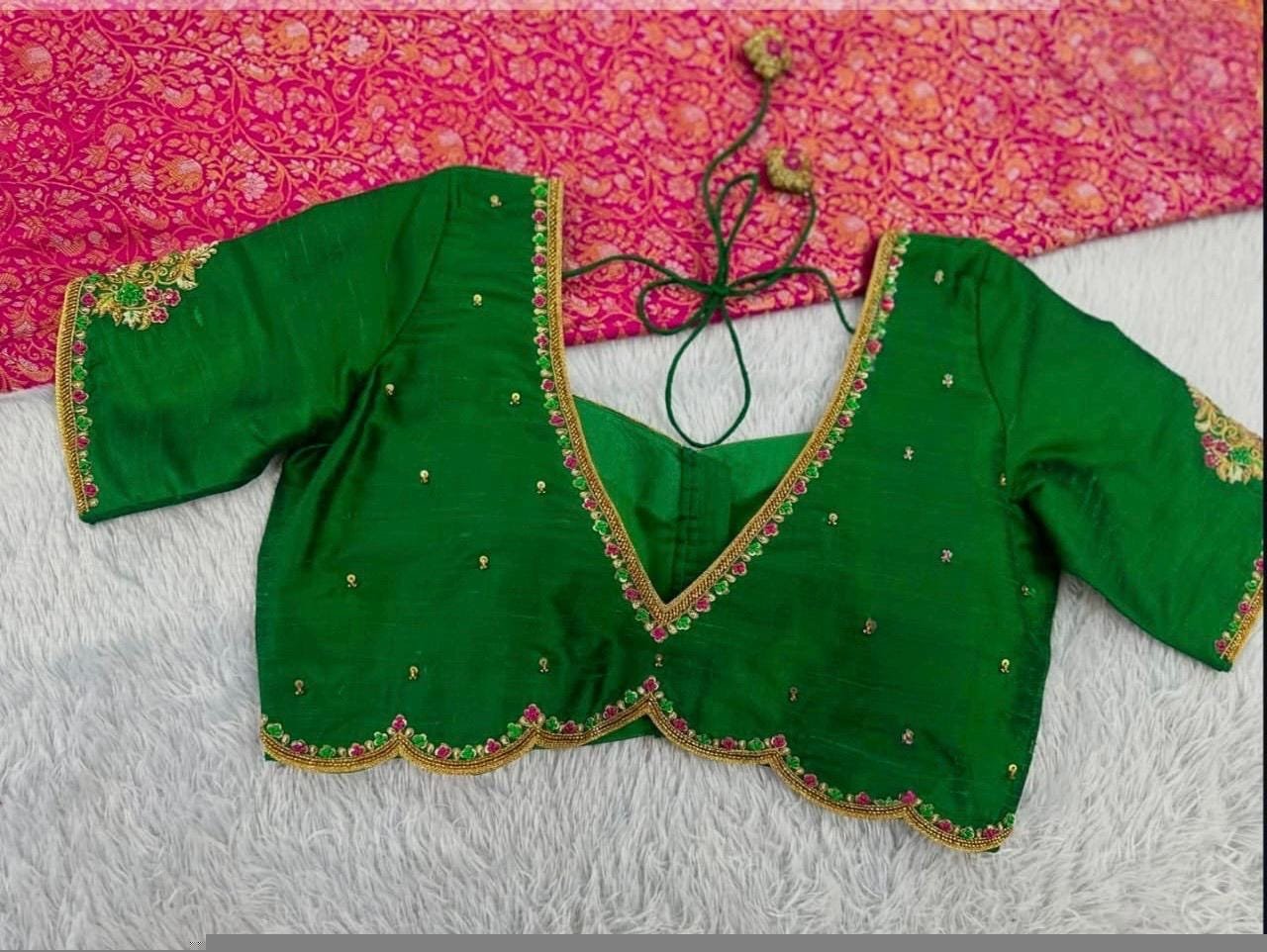 Hand Embroidered Zardosi Blouse: Parrot Green Raw Silk Saree Top,green maggam blouse,mehendi green blouse,mix and match blouse,plus size usa
