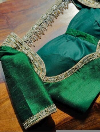 Hand Embroidered Zardosi Silk Blouse: Green Maggam Work, V-Neck,green maggam blouse,mix and match blouse,plus size blouse,green blouse