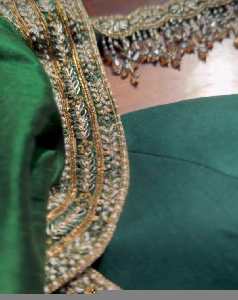 Hand Embroidered Zardosi Silk Blouse: Green Maggam Work, V-Neck,green maggam blouse,mix and match blouse,plus size blouse,green blouse usa