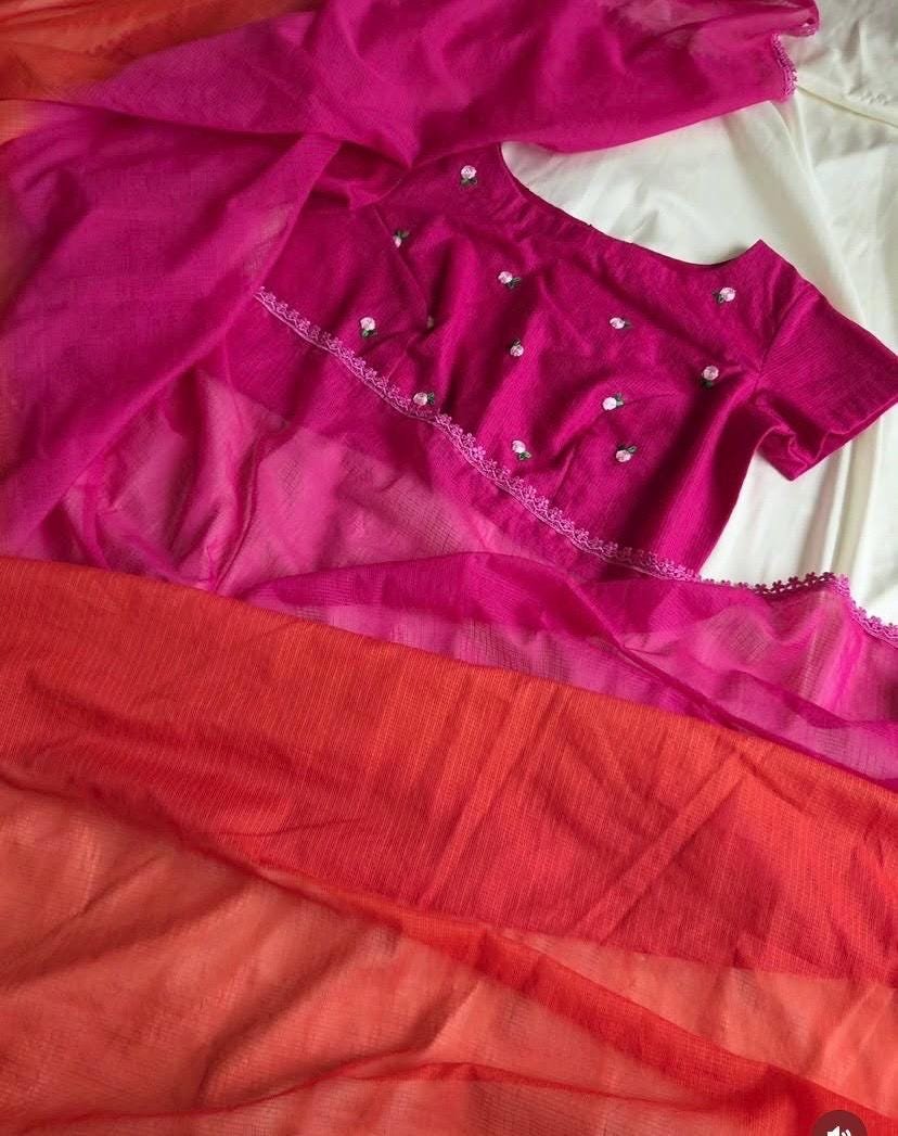 Ombre Kota Cotton Saree: Pink Orange with Embroidered Blouse,Kota saree,light weight saree, summer saree,pink ombre saree with blouse usa