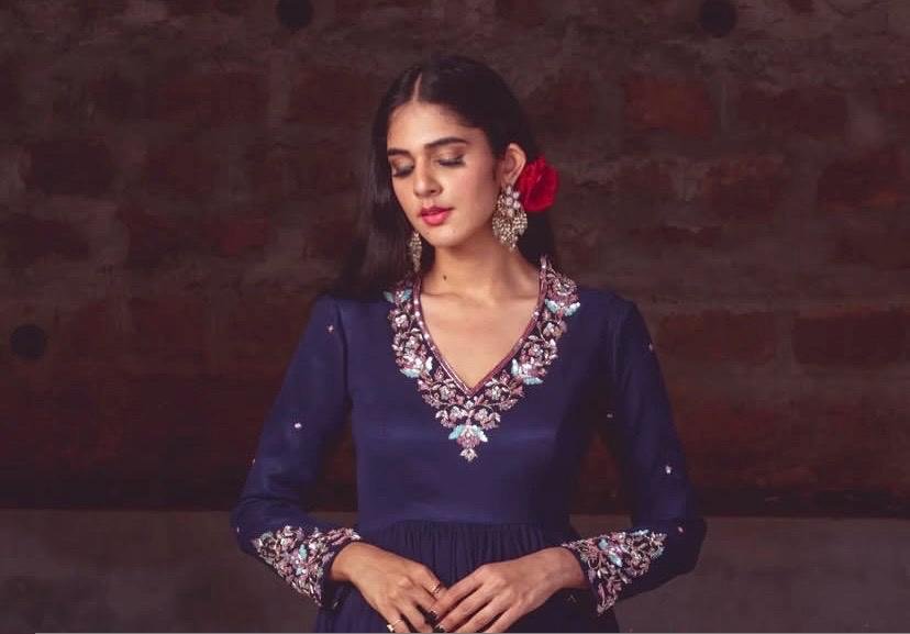 Hand embroidered Anarkali with scallop dupatta/navy blue anarkali suit/georgette anarkali dupatta USA/Indian dresses/anarkali dupatta set u
