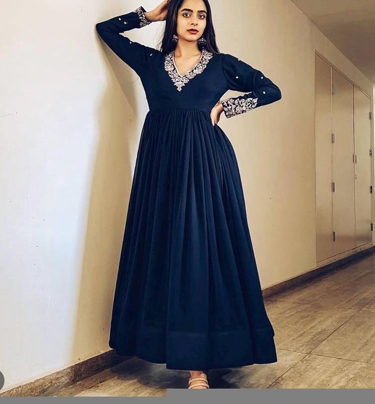 Hand embroidered Anarkali with scallop dupatta/navy blue anarkali suit/georgette anarkali dupatta USA/Indian dresses/anarkali dupatta set u
