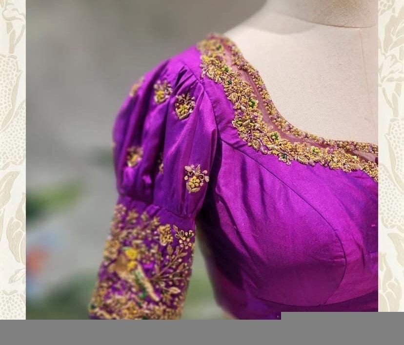 Purple hand embroidery blouse/purple maggam blouse/puff sleeve zardosi blouse/hand embroidered blouse/ready made blouse zardosi/blue blouse