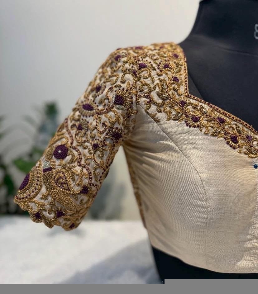 pure silk hand embroidery wedding blouse/saree maggam blouse/beige zardosi blouse/golden bridal blouse /ready made hand embroidered blouse