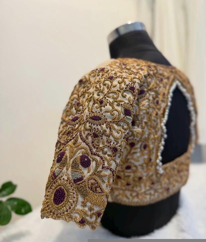 pure silk hand embroidery wedding blouse/saree maggam blouse/beige zardosi blouse/golden bridal blouse /ready made hand embroidered blouse
