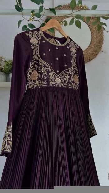 Hand embroidered Anarkali with dupatta/plum anarkali suit set/chinnon silk anarkali dupatta Indian dresses/anarkali dress with dupatta