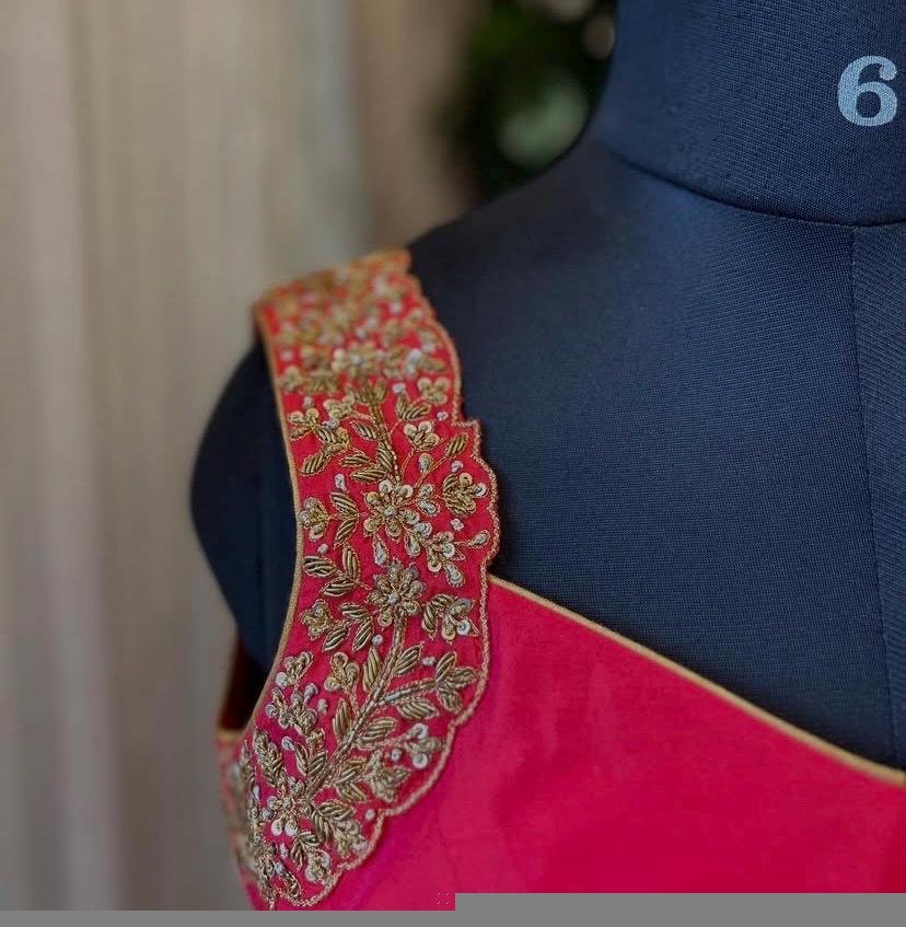 Pure Silk Hand Embroidered Saree Blouse: Pink Zardosi Maggam Work, pink sleeveless blouse,pink mix and match blouse,plus size blouse usa