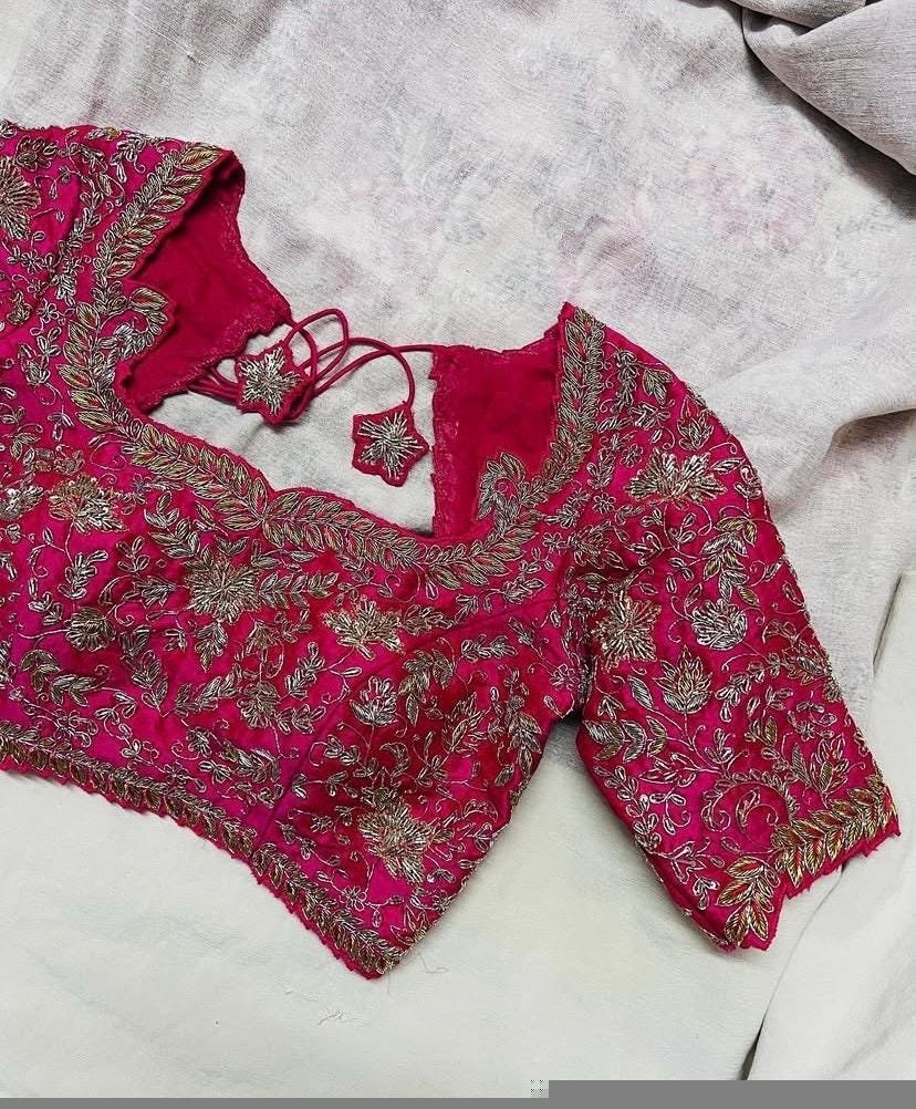 pure silk hand embroidery bridal blouse/maggam blouse/pink bridal work blouse/pink hand embroidered blouse/heavy embroidery wedding blouse