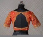 Orange Raw Silk Saree Blouse: Hand Embroidered Zardosi Maggam, orange tissue blouse,orange mix and match blouse,plus size blouse,hand work