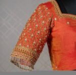 Orange Raw Silk Saree Blouse: Hand Embroidered Zardosi Maggam, orange tissue blouse,orange mix and match blouse,plus size blouse,hand work