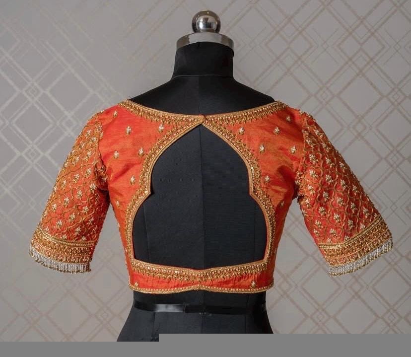 Orange Raw Silk Saree Blouse: Hand Embroidered Zardosi Maggam, orange tissue blouse,orange mix and match blouse,plus size blouse,hand work
