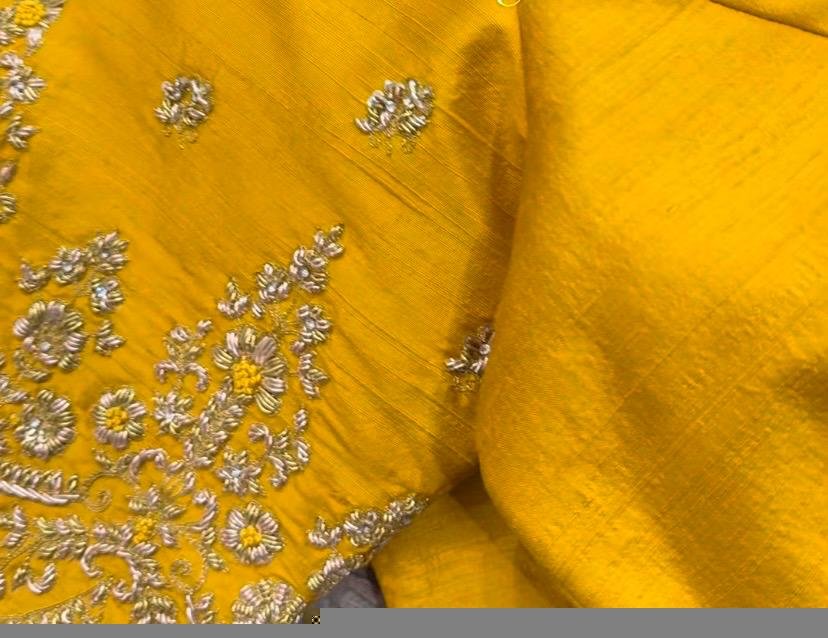 Hand Embroidered Silk Saree Blouse: Yellow Zardosi Maggam Work,yellow maggam blouse ,mix and match blouse,plus size blouse,yellow embroidery