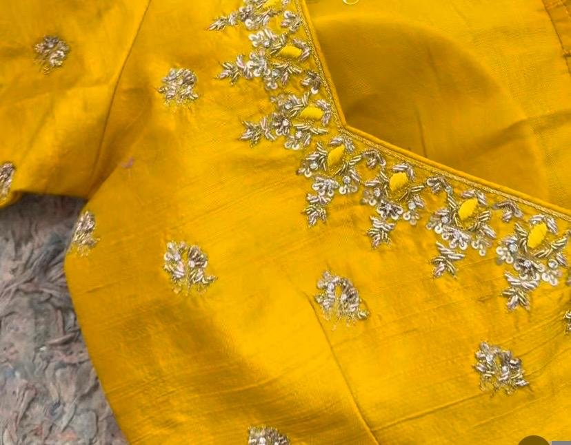 Hand Embroidered Silk Saree Blouse: Yellow Zardosi Maggam Work,yellow maggam blouse ,mix and match blouse,plus size blouse,yellow embroidery