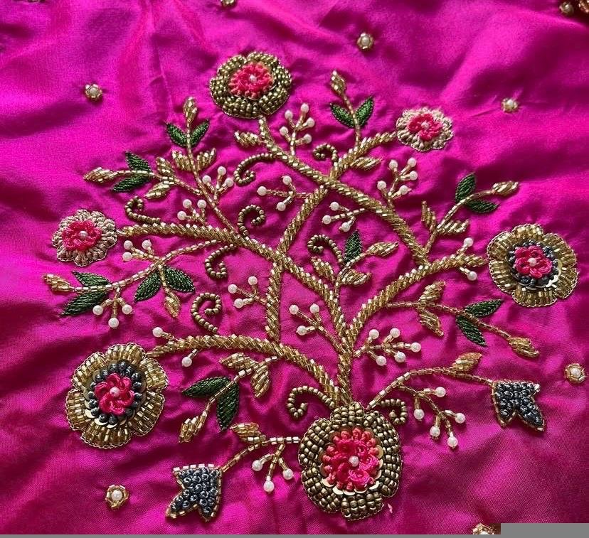 Hand Embroidered Zardosi Silk Blouse: Pink Maggam Work,hand work blouse, 42 size blouse, pink mix and match blouse, pink saree blouse USA