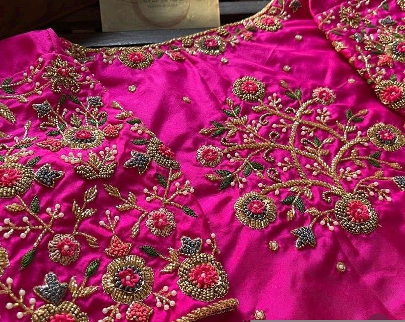 Hand Embroidered Zardosi Silk Blouse: Pink Maggam Work,hand work blouse, 42 size blouse, pink mix and match blouse, pink saree blouse USA