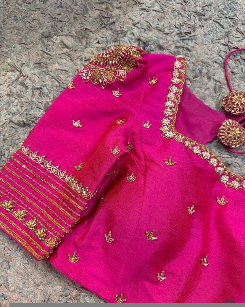 pure silk hand embroidery blouse/saree maggam blouse/hot pink zardosi blouse/hand embroidered blouse /magenta pink ready made blouse zardosi