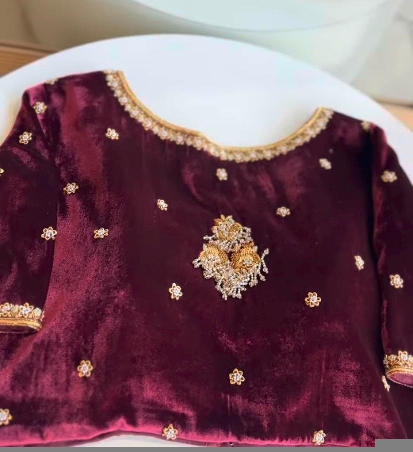 pure velvet hand embroidery blouse/v neck maggam blouse/red zardosi blouse/velvet hand embroidered blouse/burgundy velvet ready made blouse