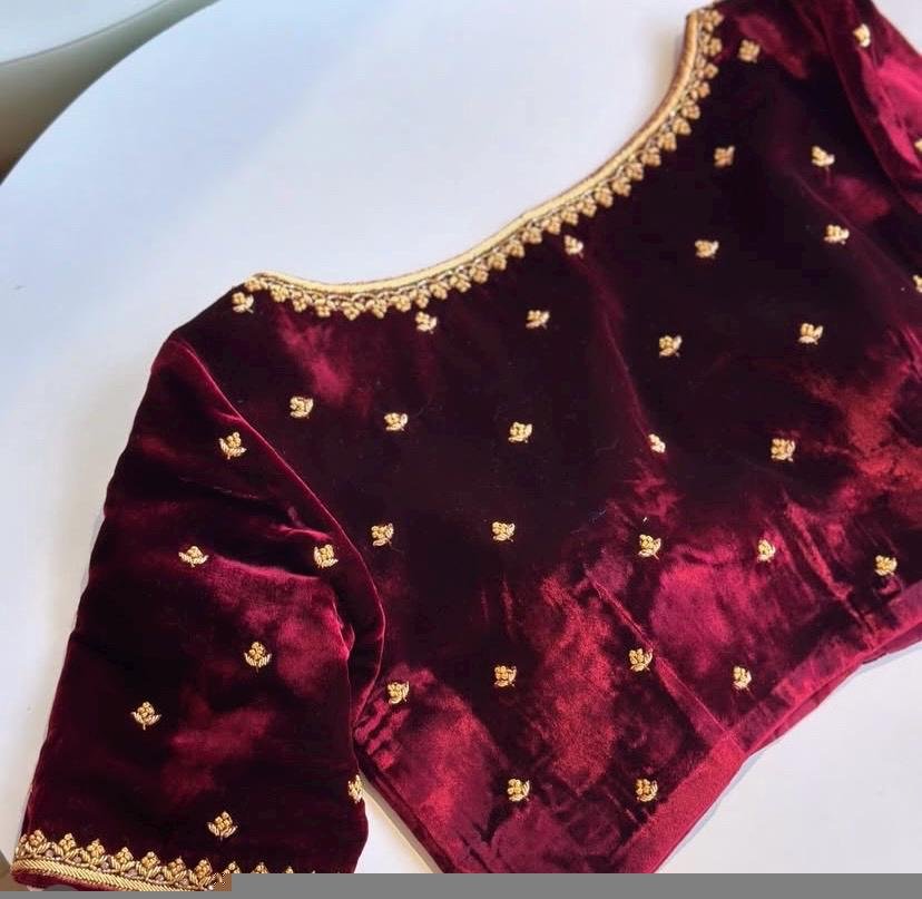 pure velvet hand embroidery blouse/v neck maggam blouse/red zardosi blouse/velvet hand embroidered blouse/burgundy velvet ready made blouse