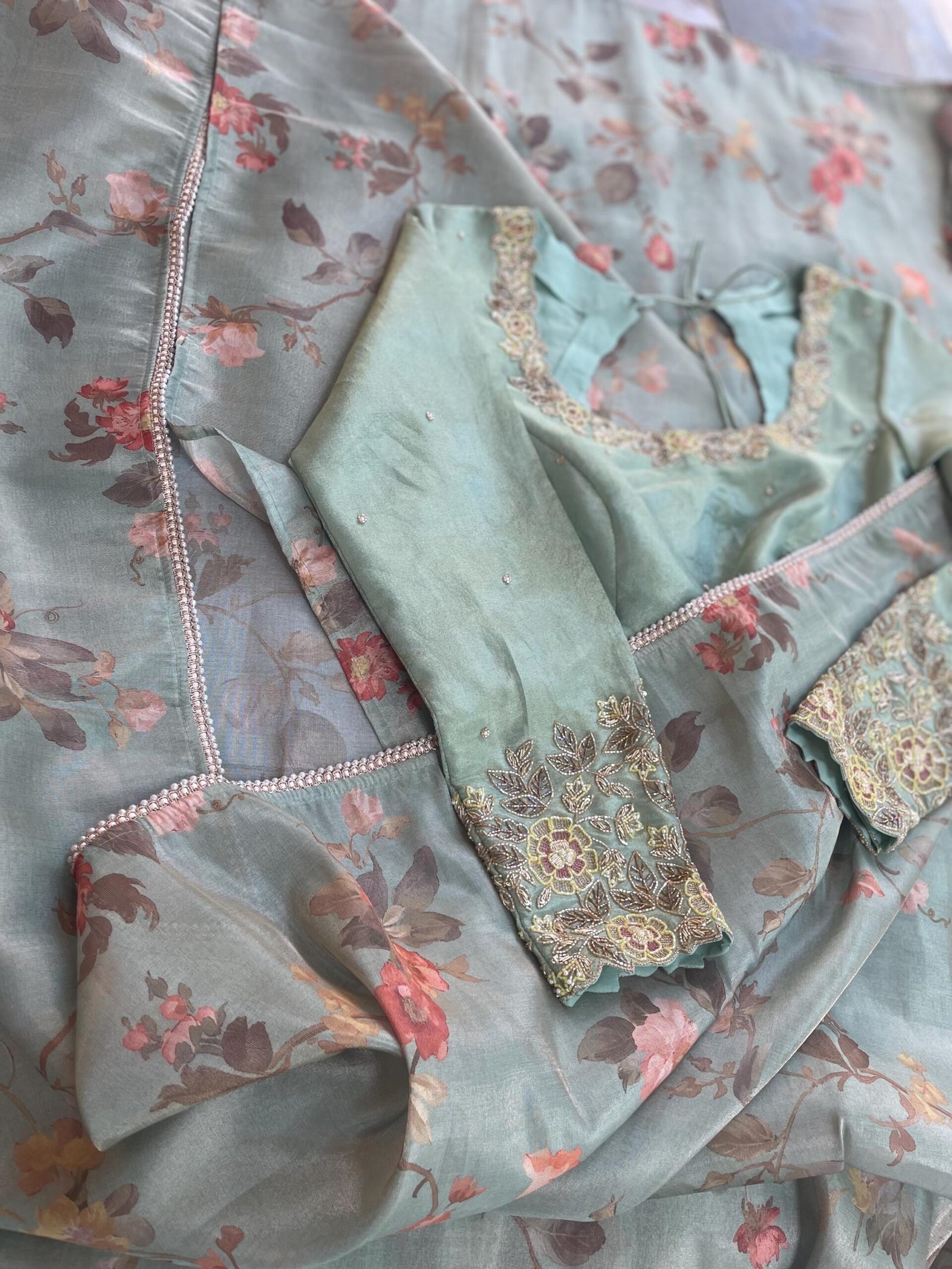 Green tissue silk saree with hand embroidered blouse/pista green saree with hand work blouse|floral sarees / floral silk saree with blouse