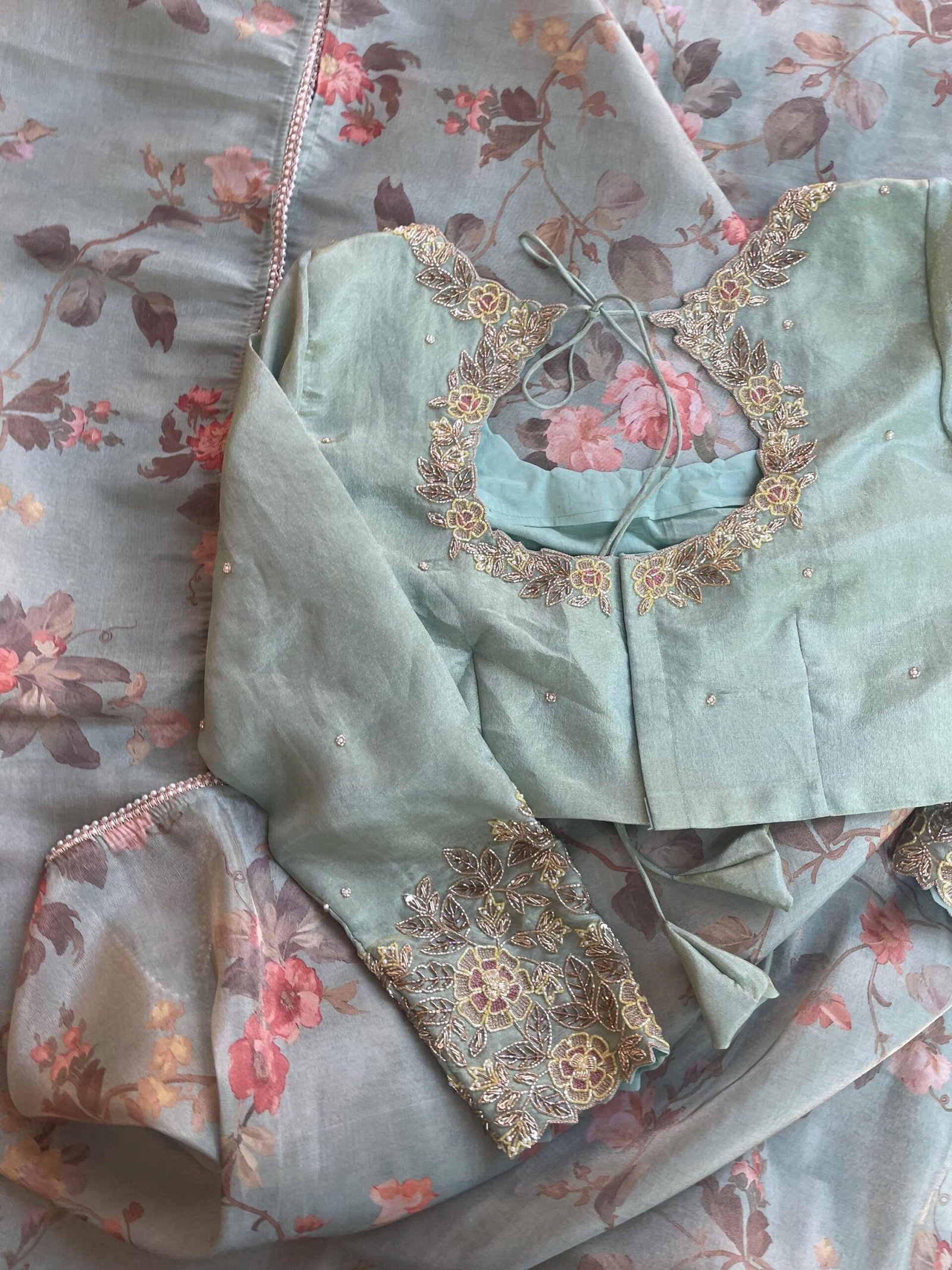 Green tissue silk saree with hand embroidered blouse/pista green saree with hand work blouse|floral sarees / floral silk saree with blouse