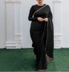 Pure silk cocktailsaree/black sari with hand embroidery/satin silk saree with designer blouse /black saree,party saree,full sleeve blouse us