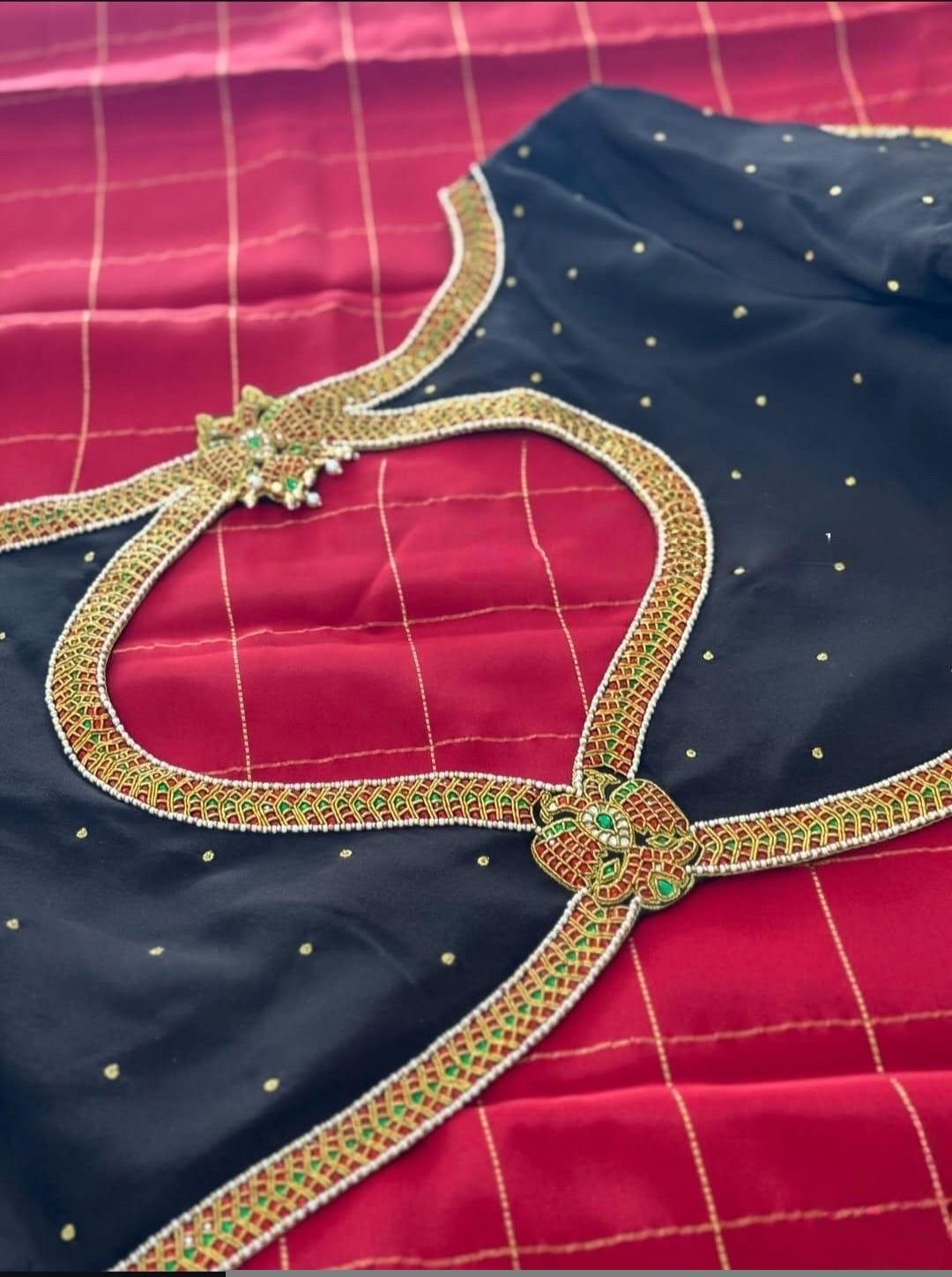 pure silk hand embroidery blouse/black maggam blouse/raw silk kundan blouse/hand embroidered blouse/ready made blouse zardosi/mix and match
