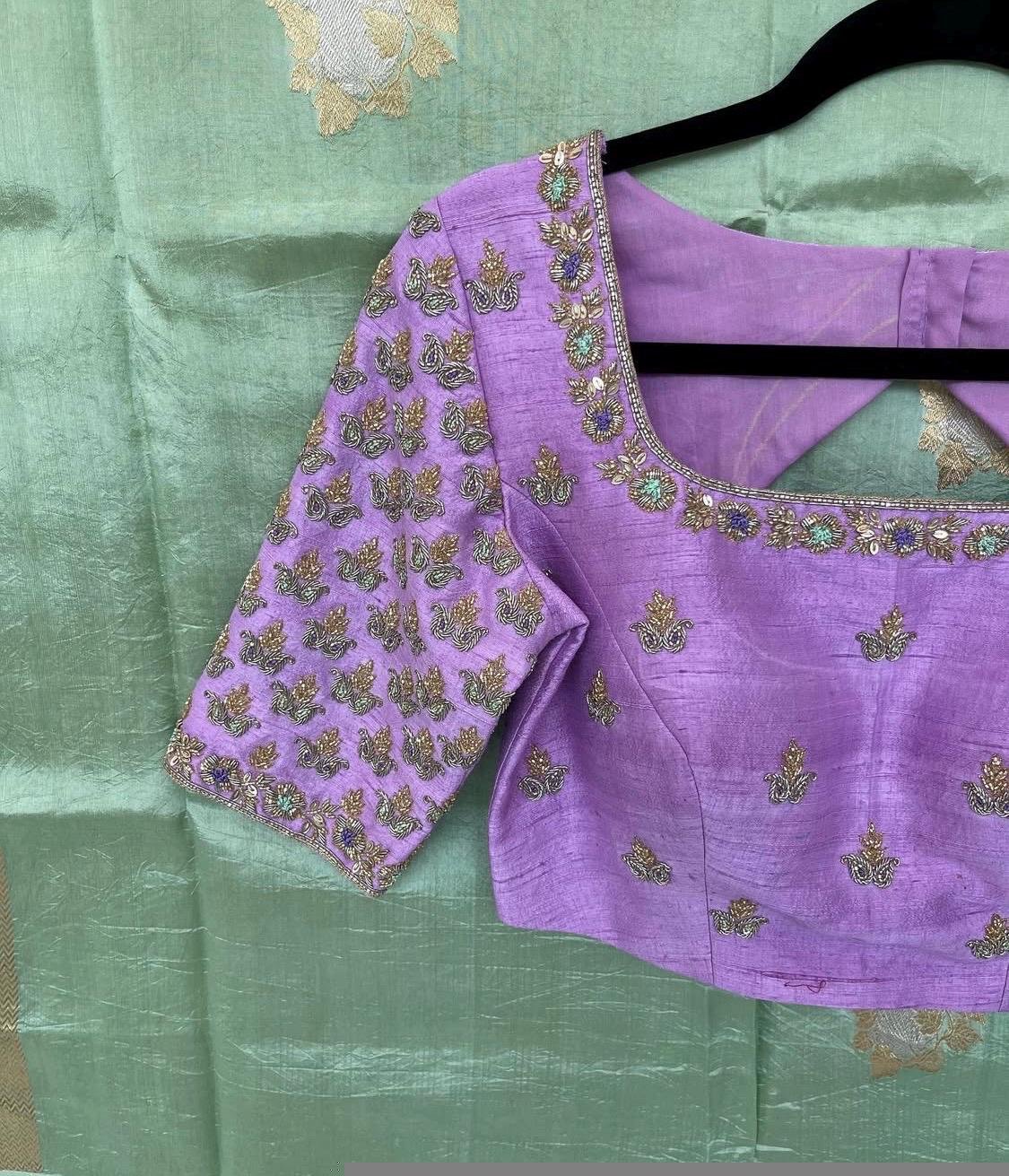 Lavender Hand Embroidered Silk Blouse: Zardosi Maggam Work,lavender blouse,mix and match blouse,plus size blouse,lavender hand work blouse