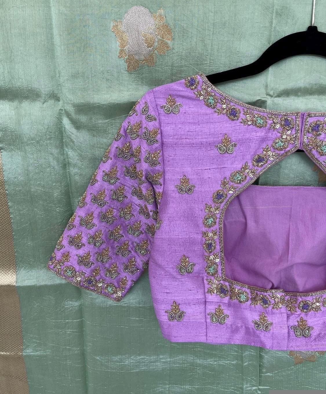 Lavender Hand Embroidered Silk Blouse: Zardosi Maggam Work,lavender blouse,mix and match blouse,plus size blouse,lavender hand work blouse