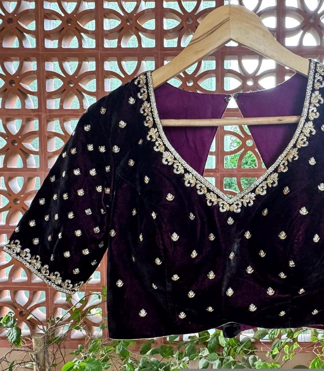 Purple Velvet Saree Blouse: Hand Embroidered Zardosi Maggam Work,purple velvet blouse,mix and match blouse,plus size blouses,custom saree us