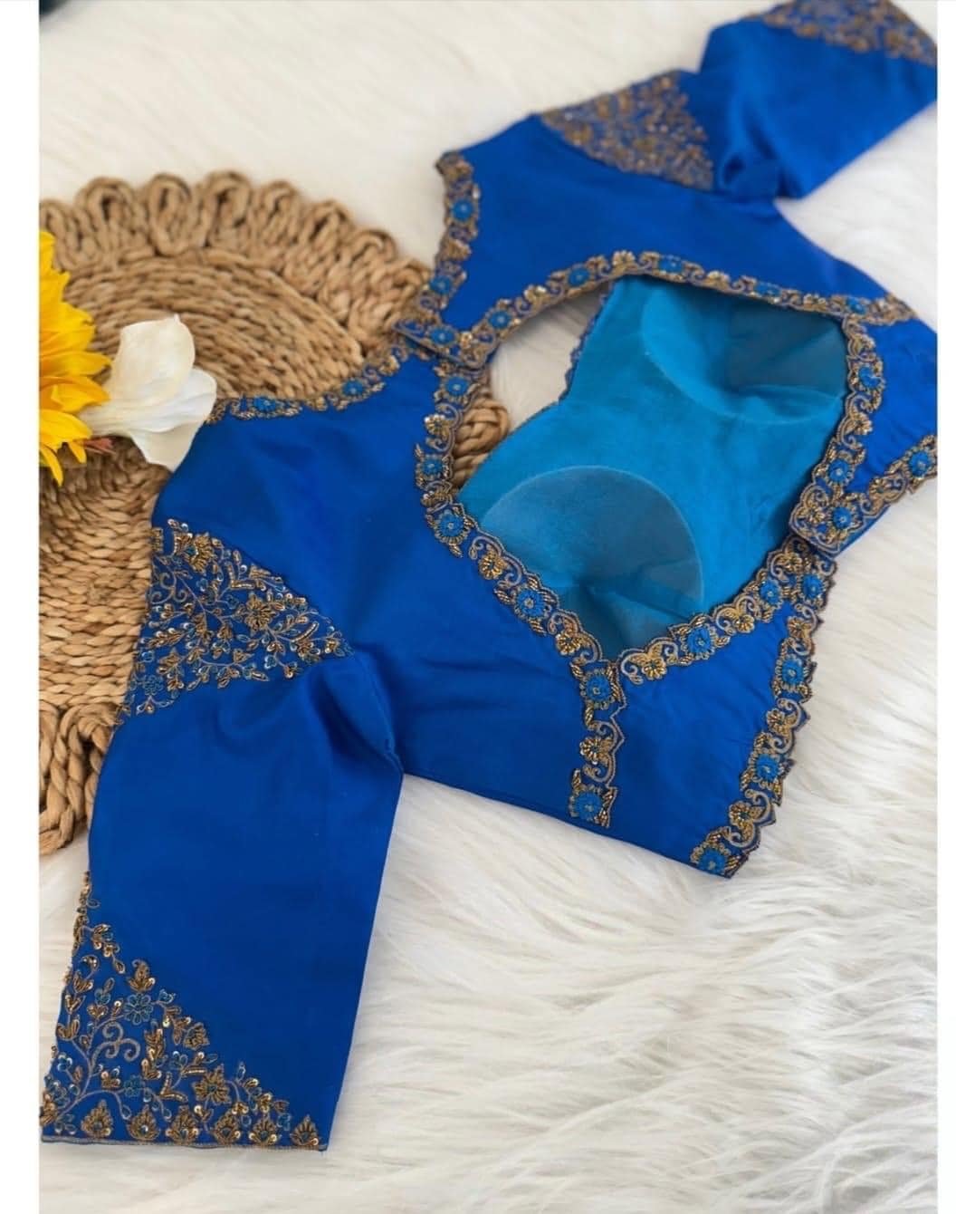 Blue Silk Hand Embroidered Blouse: Zardosi Maggam Work,turquoise blue blouse,mix and match blouse,plus size Blouse,blue maggam blouse USA