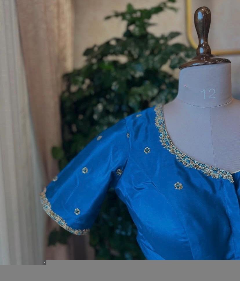 Blue Silk Hand Embroidered Blouse: Zardosi Maggam Work,turquoise blue blouse,mix and match blouse,plus size Blouse,blue maggam blouse USA
