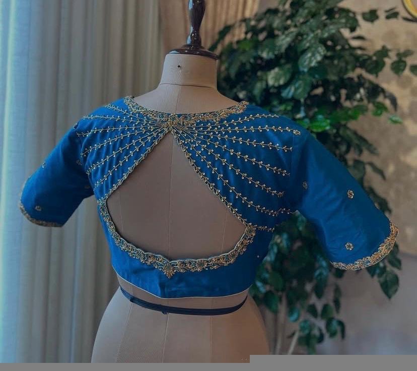 Blue Silk Hand Embroidered Blouse: Zardosi Maggam Work,turquoise blue blouse,mix and match blouse,plus size Blouse,blue maggam blouse USA