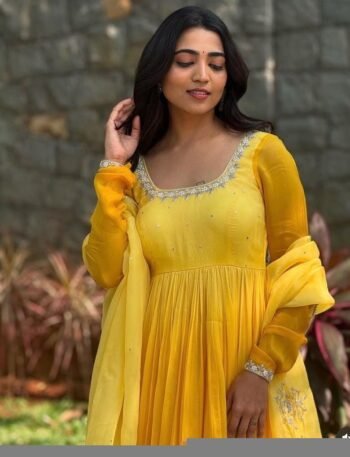 Hand embroidered Anarkali with dupatta/yellow ombre anarkali /georgette anarkali dupatta Indian dresses/haldi Anarkali dupatta set