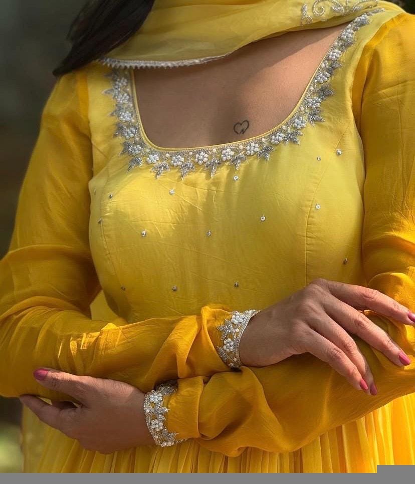 Hand embroidered Anarkali with dupatta/yellow ombre anarkali /georgette anarkali dupatta USA/Indian dresses/haldi Anarkali dupatta set usa
