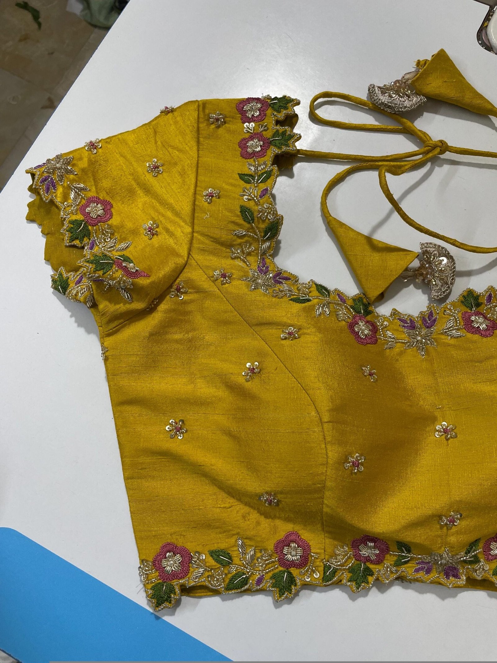 pure silk hand embroidery blouse/saree maggam blouse/yellow zardosi blouse/hand embroidered blouse /mustard yellow ready made blouse zardosi
