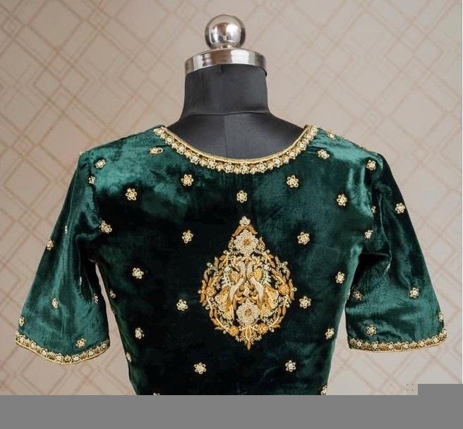 pure velvet hand embroidery blouse/modern saree maggam blouse/green zardosi blouse/ hand embroidered blouse/green velvet ready made blouse