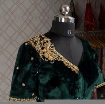 pure velvet hand embroidery blouse/modern saree maggam blouse/green zardosi blouse/ hand embroidered blouse/green velvet ready made blouse