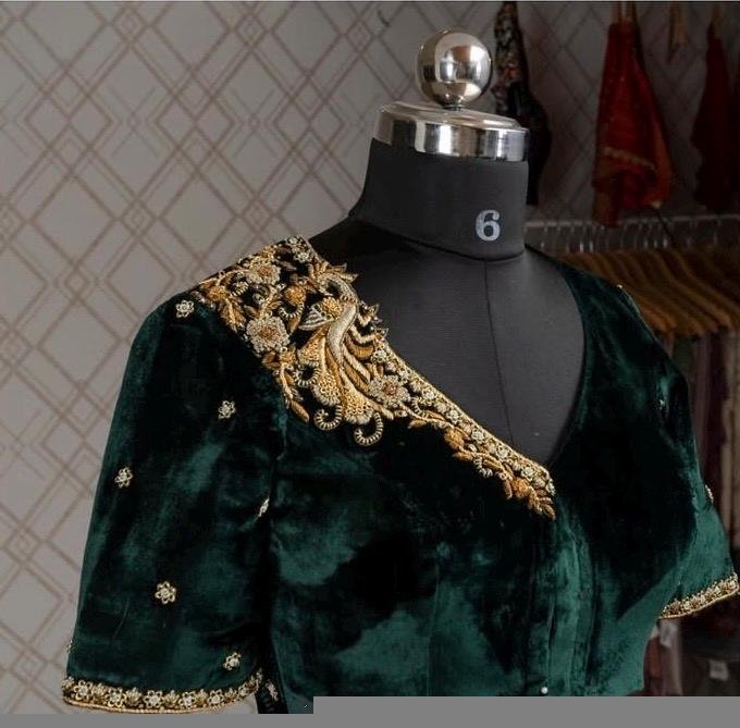 pure velvet hand embroidery blouse/modern saree maggam blouse/green zardosi blouse/ hand embroidered blouse/green velvet ready made blouse