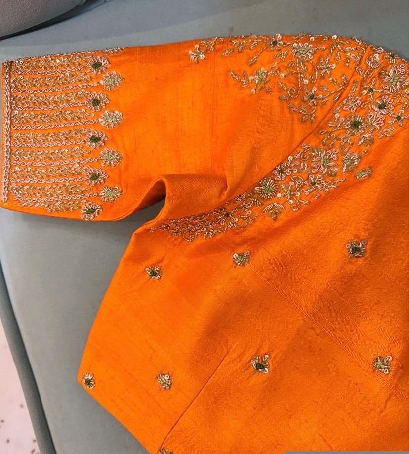 Hand Embroidered Zardosi Silk Blouse: Orange Saree Top,orange hand work blouse,mix and match blouse,plus size blouse,orange saree blouse usa