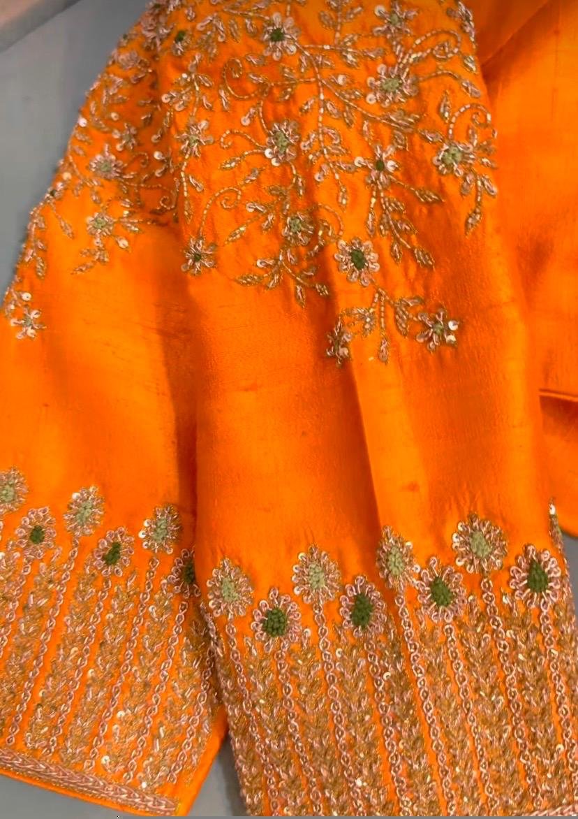 Hand Embroidered Zardosi Silk Blouse: Orange Saree Top,orange hand work blouse,mix and match blouse,plus size blouse,orange saree blouse usa