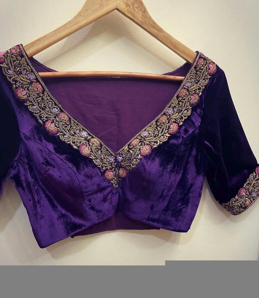 Purple Velvet Saree Blouse: Hand Embroidered Zardosi Maggam,purple maggam blouse,mix and match saree blouse,plus size blouse,pure velvet