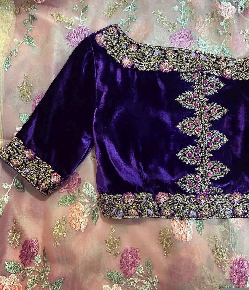 Purple Velvet Saree Blouse: Hand Embroidered Zardosi Maggam,purple maggam blouse,mix and match saree blouse,plus size blouse,pure velvet