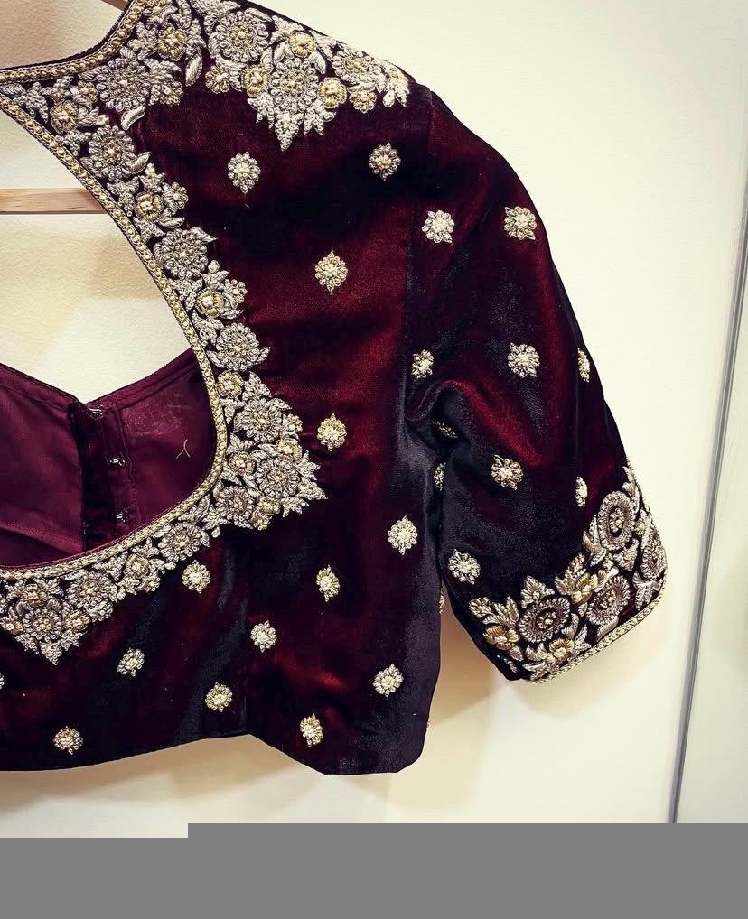 pure velvet hand embroidery blouse/neck maggam blouse/brown zardosi blouse/velvet hand embroidered blouse/burgundy velvet ready made blouse
