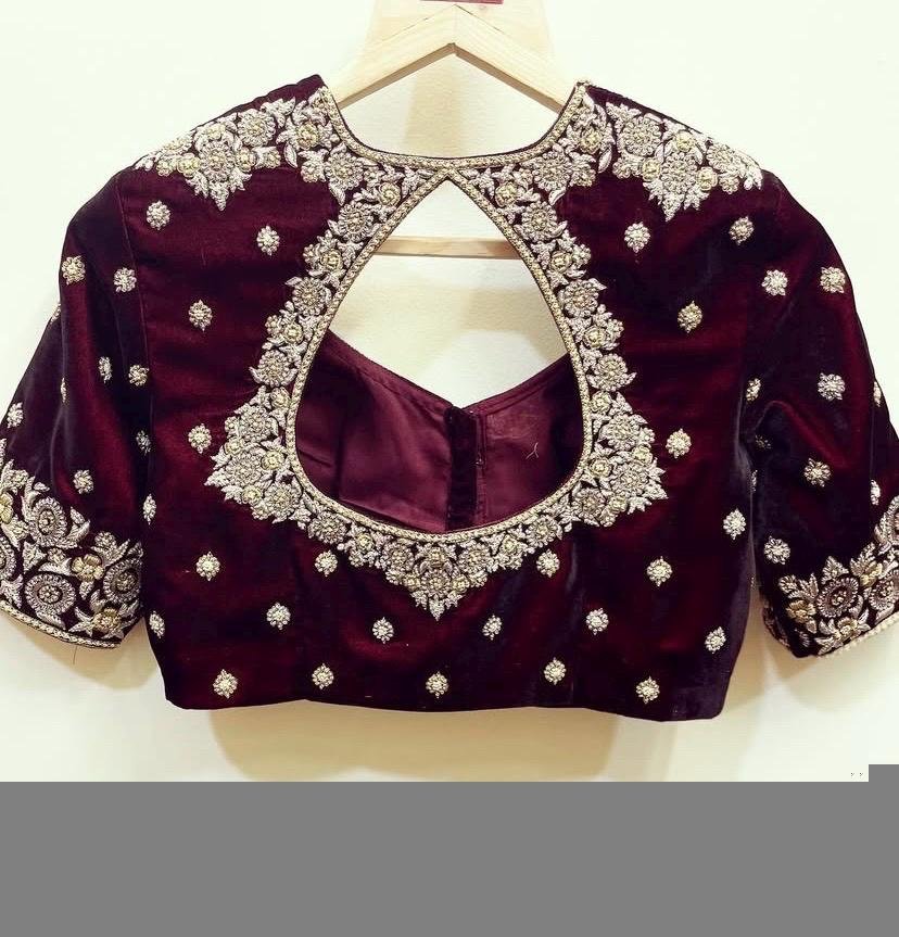 pure velvet hand embroidery blouse/neck maggam blouse/brown zardosi blouse/velvet hand embroidered blouse/burgundy velvet ready made blouse