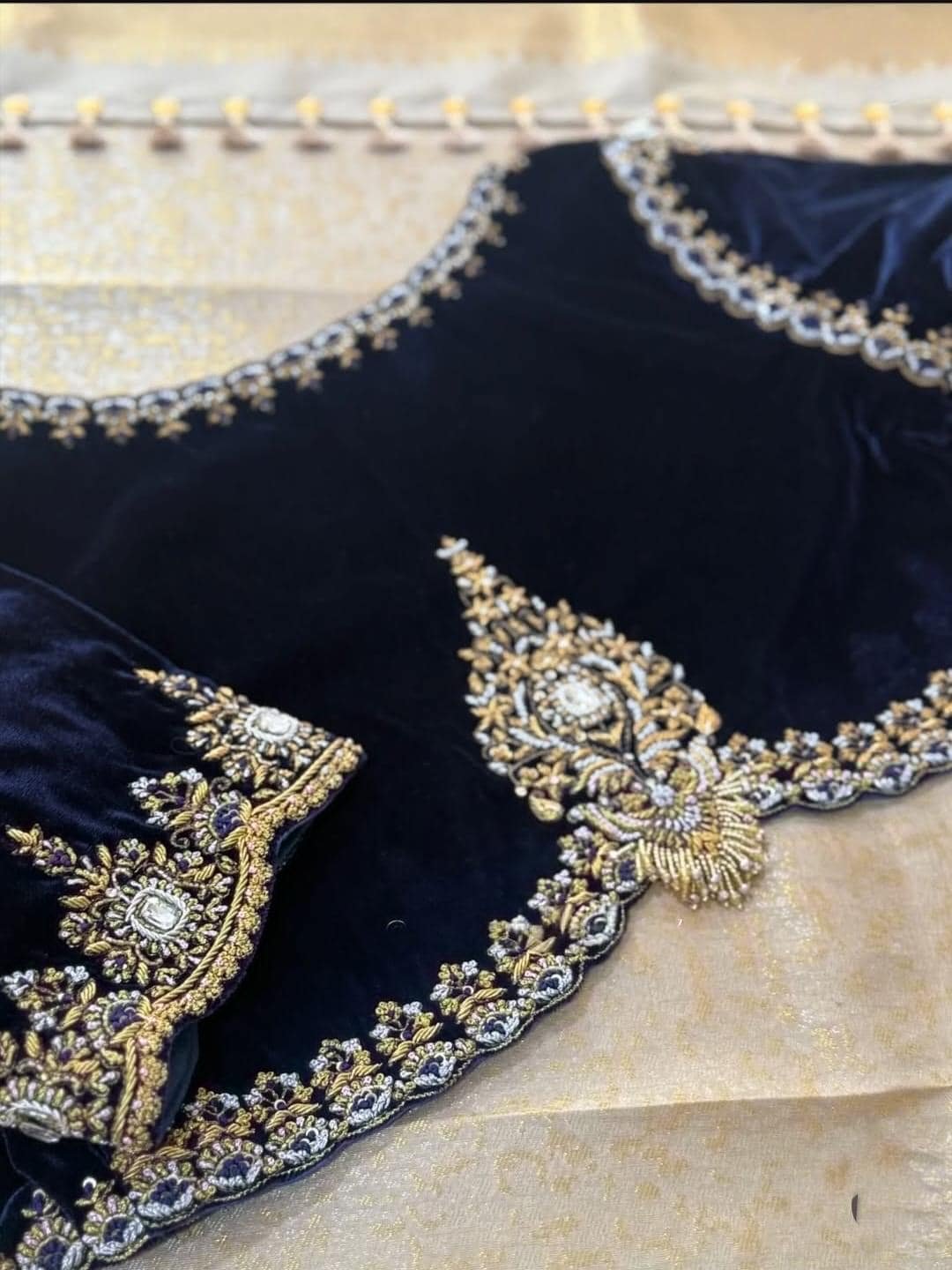 Black Velvet Saree Blouse: Hand Embroidered Zardosi Maggam Work,blue velvet blouse,mix and match blouse,plus size blouse,black blouse,velvet