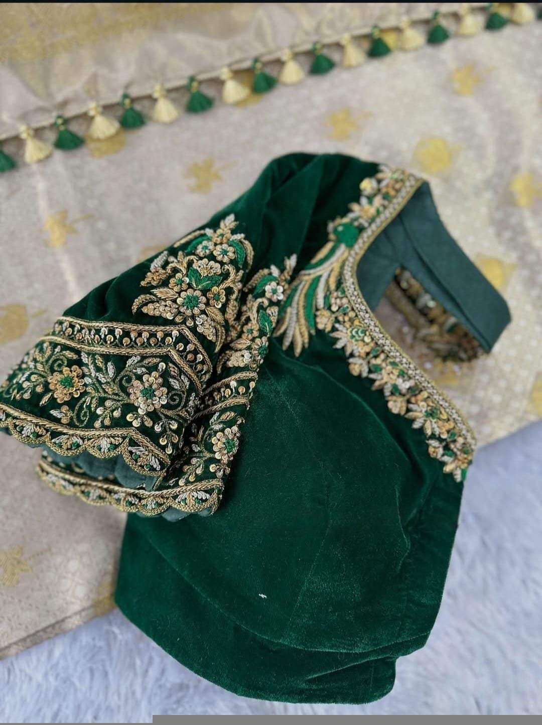 pure velvet hand embroidery blouse/modern saree maggam blouse/green zardosi blouse/ hand embroidered blouse/green velvet ready made blouse